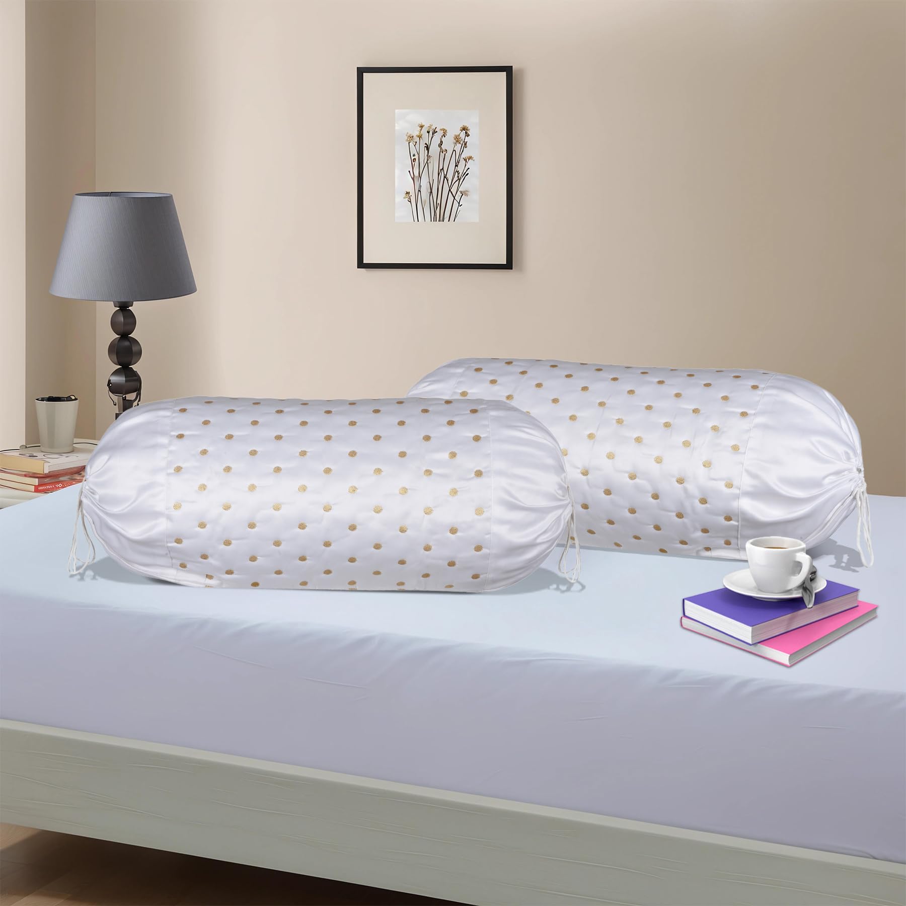 Kuber Industries 2 Pcs Aesthetic Bolster/Side Pillow Cover with Dori for Sofa & Diwan | Washable Cylindrical Takiya & Round Pillow Cover for Home Decoration | Polka Dot- White