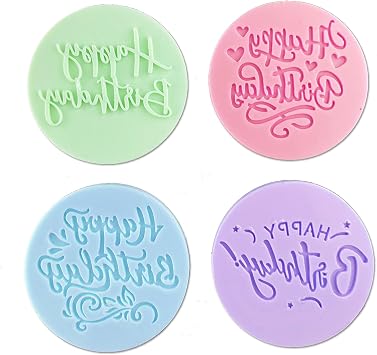 4Pcs Happy Birthday Fondant Embosser 3D Design Acrylic Mould Cookie Stamp, Cookie Cutters for DIY Baking Cake/Sugar Paste/Cupcake/Chocolate 3.15 inch, Random Colors