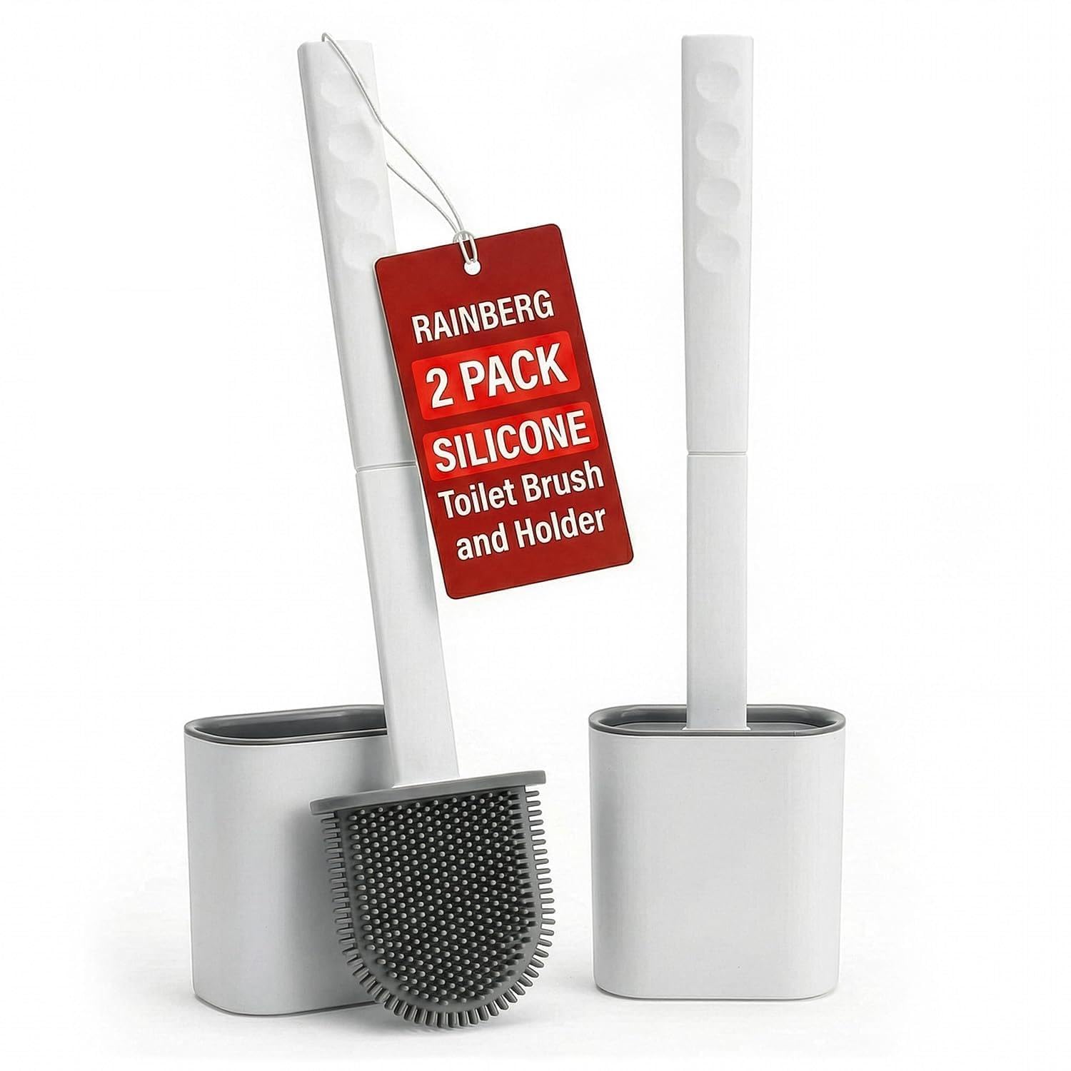 Rainberg 2 Pack, Silicone Toilet Brush and Holder Set, with Non-Slip Long Handle, Soft Flexible Bristles, Anti-Drip Base, Wall Mounted Toilet Brush Bathroom Cleaning, Hygienic Design (White & Grey)
