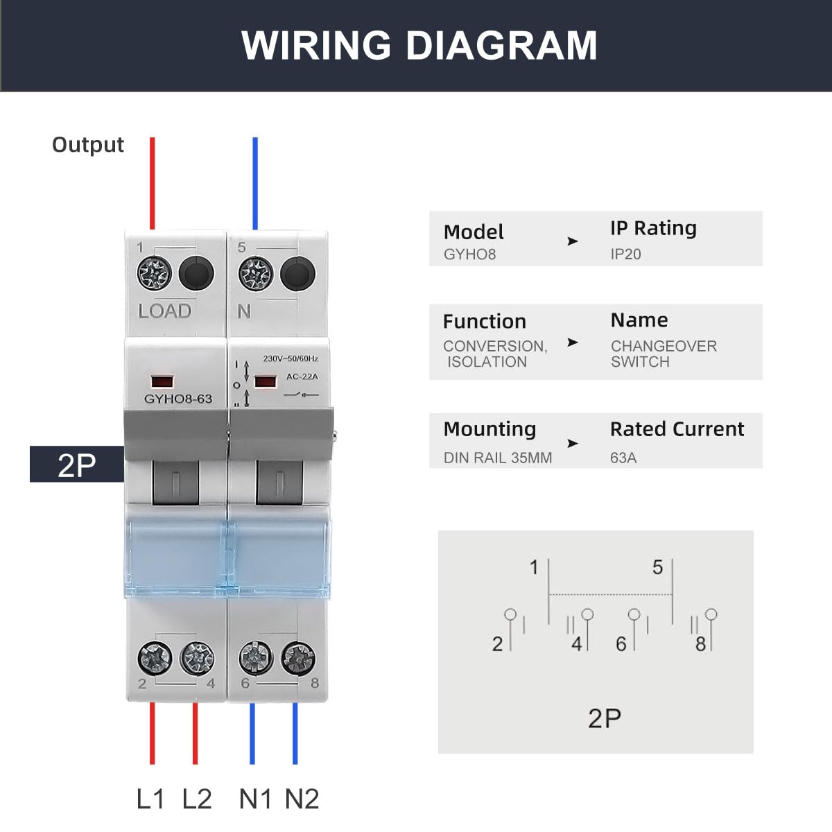 Interruptor de transferencia Manual 63A 2P + 2P MTS AC. Automático Disyuntor Magnetotérmico de Cambio Modular. Conmutador