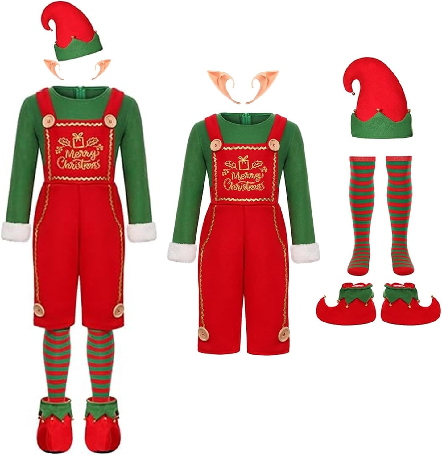 Christmas Elf Family Costume for Kids Adult Elf Overalls Xmas Santa's Helper Outfits with Elf Ears