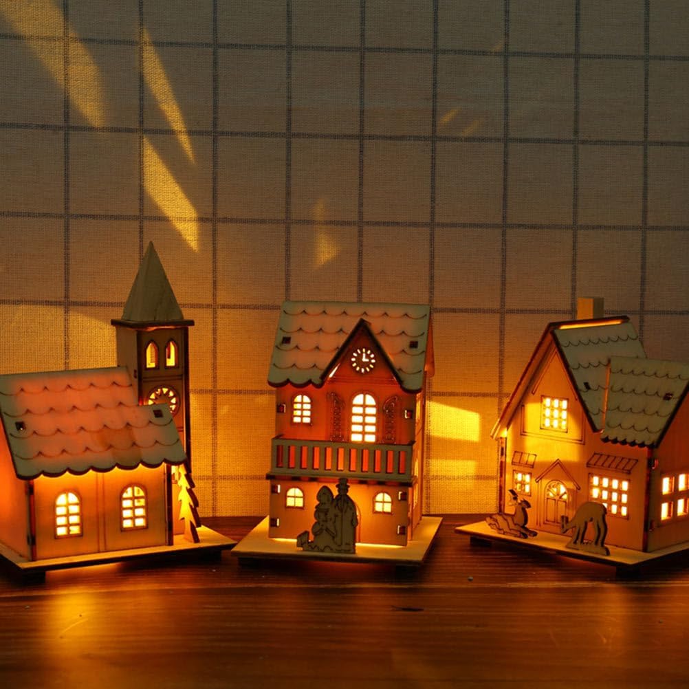 Angoily Christmas Village Houses, 2 Pcs Lighted Wooden Houses