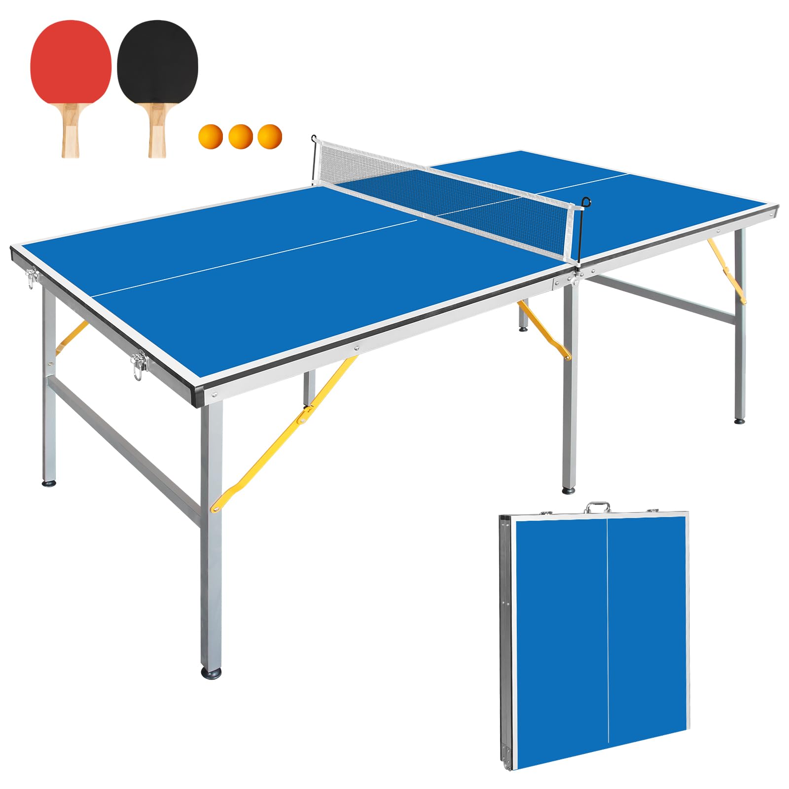 Tavolo da ping pong pieghevole di medie dimensioni con rete, pagaie e palline, in MDF multiuso, da 1,8 m x 91,8 cm, per bambini, adolescenti e adulti, compatto e portatile