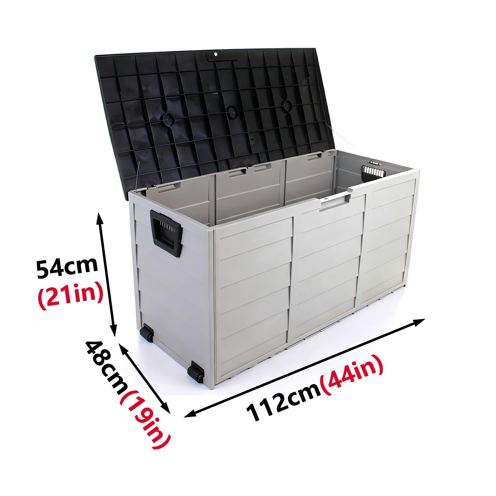 Boîte de rangement d'extérieur avec tige hydraulique, plastique PP étanche, finition grain de bois, grande capacité, verrouillable pour jardin, garage, abri de jardin