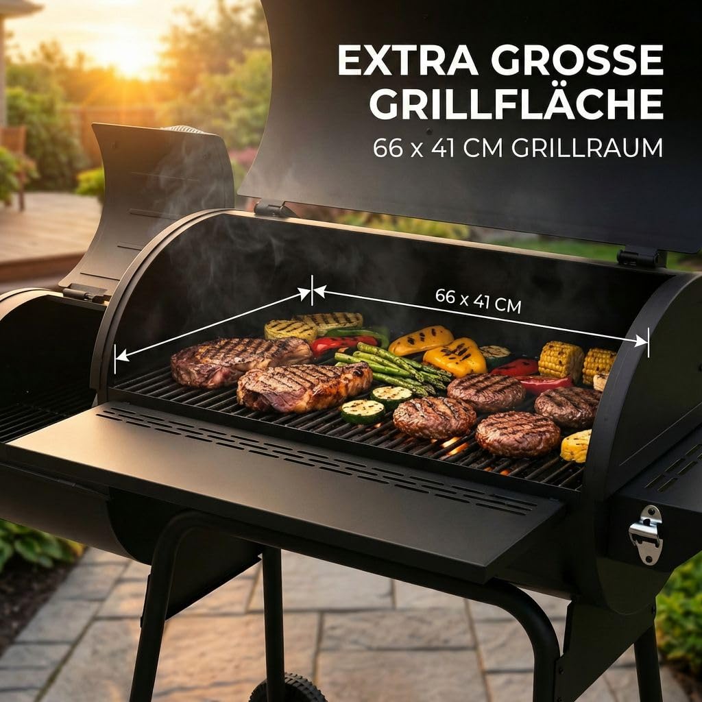 Lugia Holzkohlegrill mit Smoker – XXL Grillwagen 66x41 cm – BBQ Grill mit Deckel, Thermometer, Warmhalterost, Seitentisch & Flaschenöffner – Offset Smoker für Garten & Terrasse