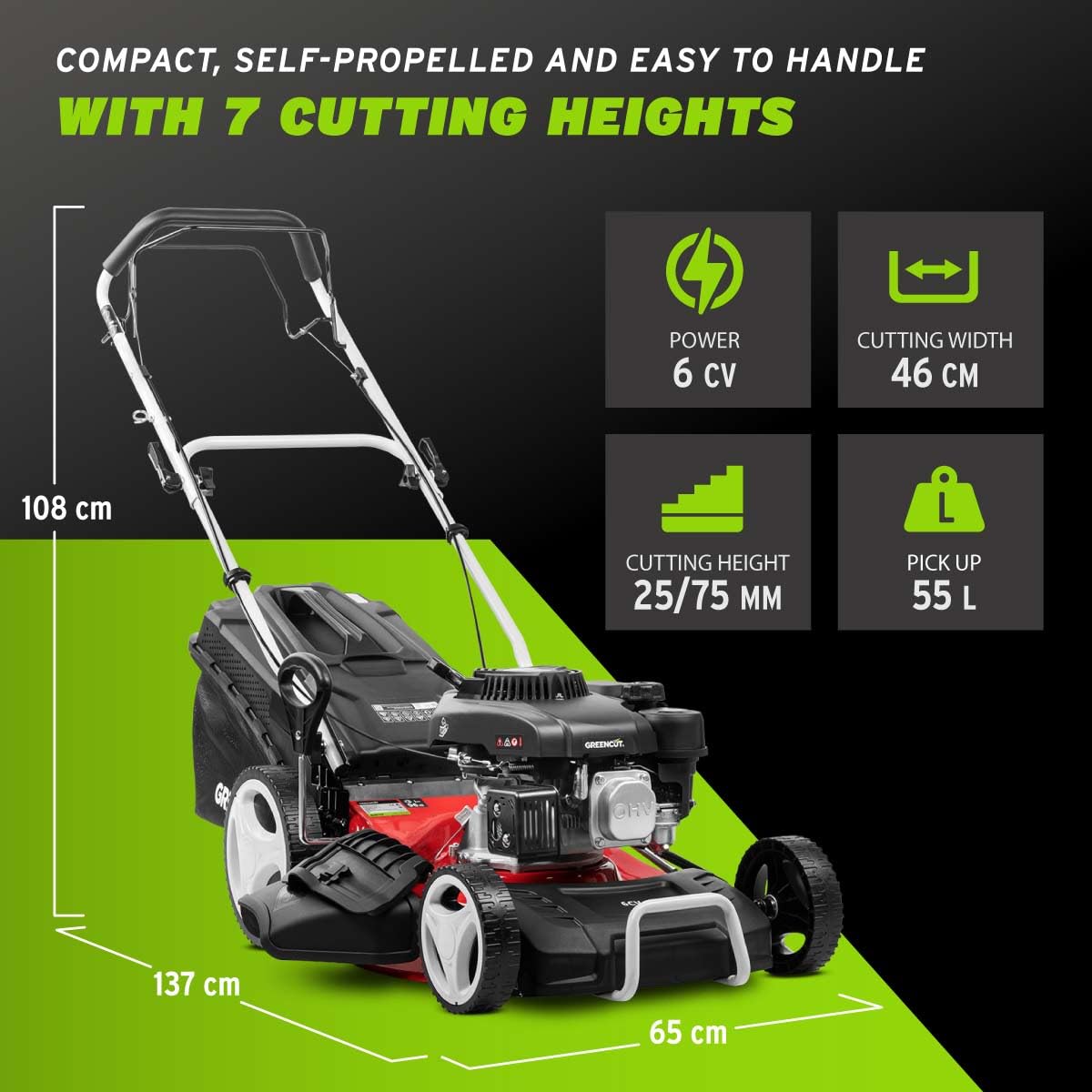 GREENCUT GLM770X Tondeuse Thermique 150cc 4ch Moteur 4T autotracté Lame Acier 460mm Bac 55L