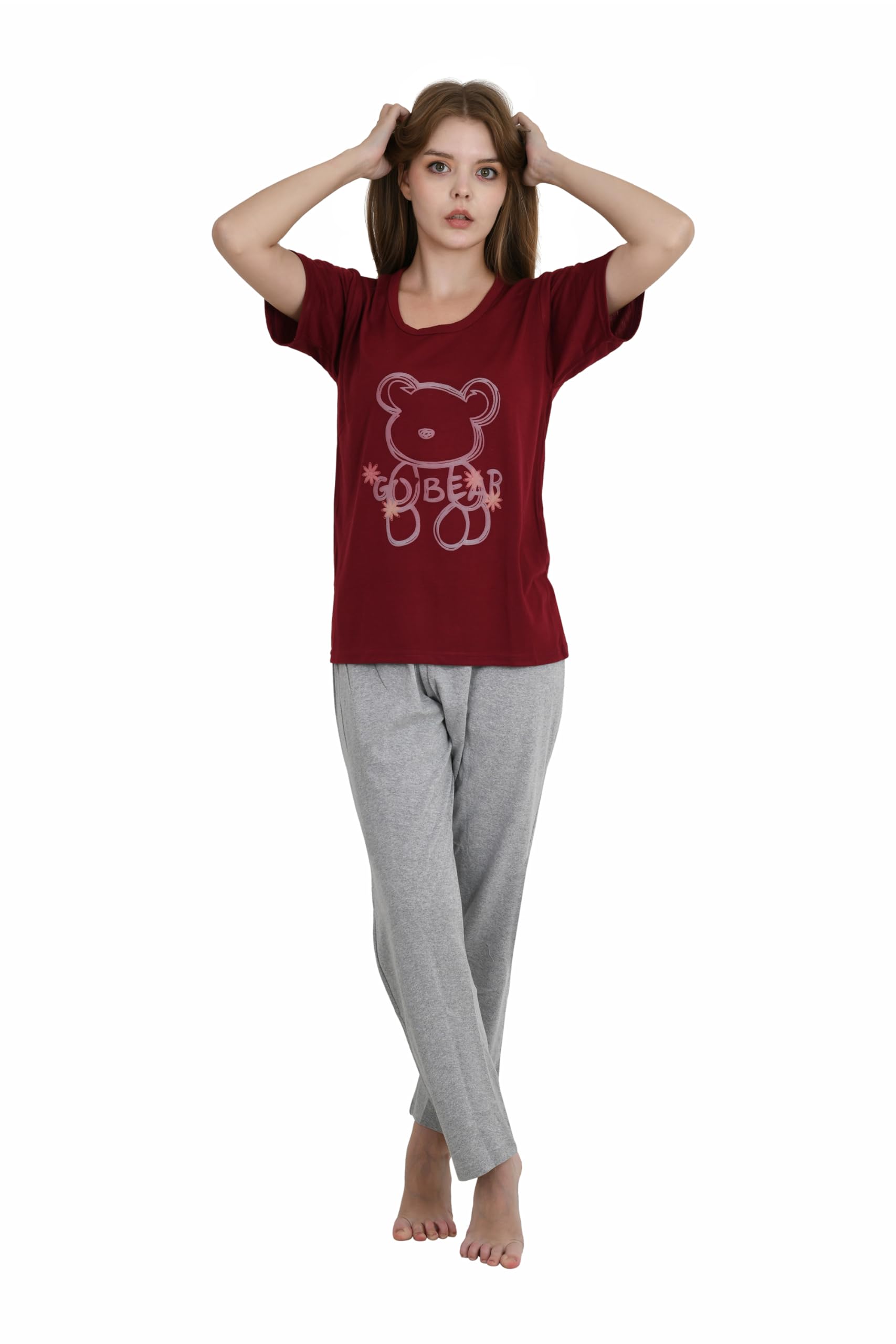 AJ Hosiery Women’s Cotton Night Suit Set Round Neck Graphic Printed T-Shirt with Pajama Nightwear Sleepwear & Loungewear Tshirt Pyajama Set-image-18