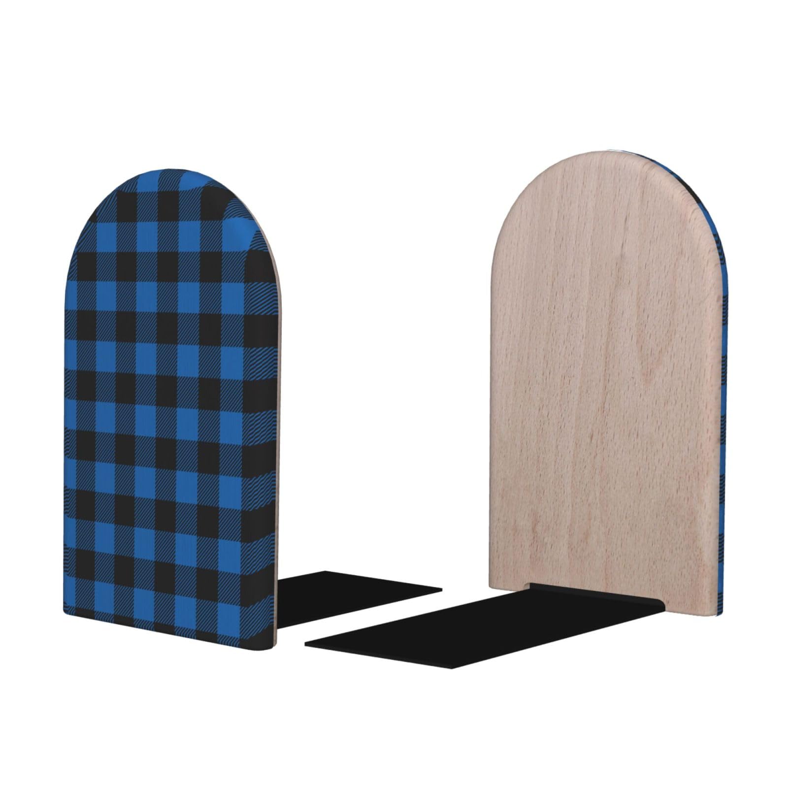 Blue Black Plaid A Print BookEnds 1 Pair, Decorative Bookends for Heavy Books, Wood Book Ends for Shelves, Book Organizer for Home Desk Office Supplies