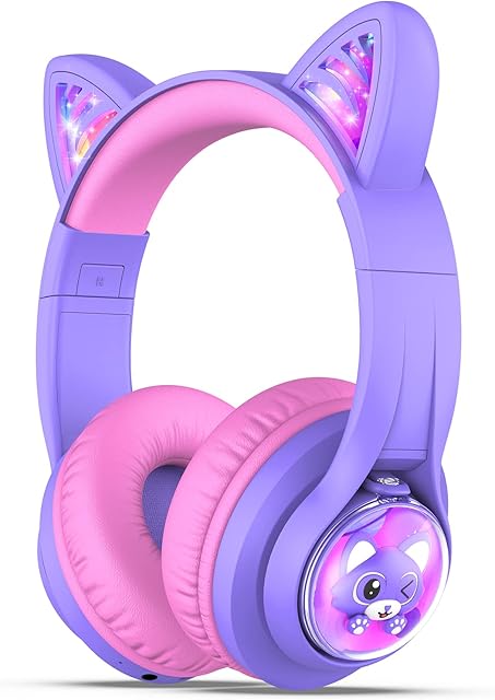 Kids Bluetooth Headphones, iClever BTH19 Cat Ear Kids Headphones LED Lights Up, 74/85/94dBA Volume Limited, 45H Playtime, Wireless Headphones Over Ear with Microphone for iPad/Tablets/iPhone/Laptop/PC
