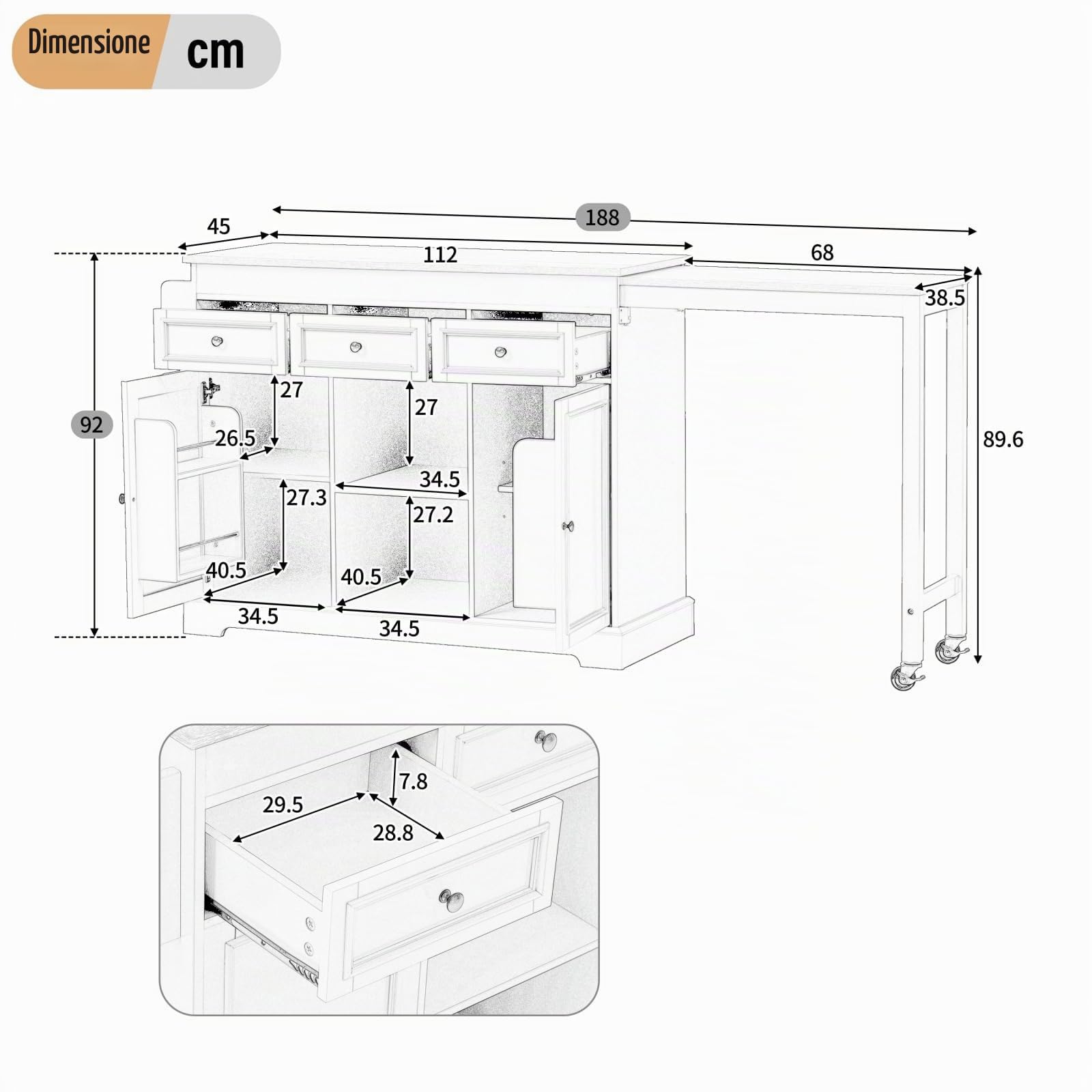 YEHTOKHOME Isola centrale cucina con spazio di lavoro 112-188 cm