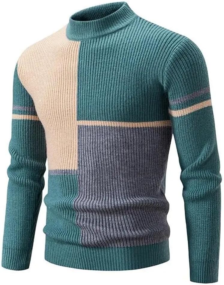 Mens Patchwork Casual Pullover Men's Fall and Winter Sweater O Neck Warm Knit Pullover Top Men's