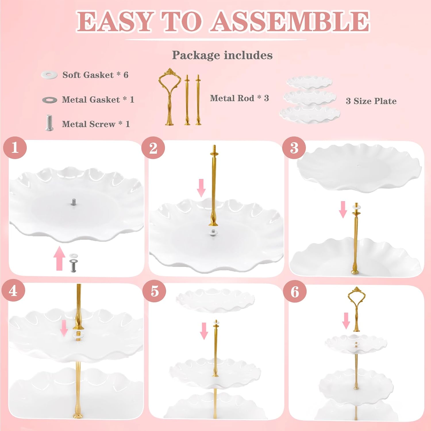 5 Pcs Dessert Table Display Set, Round Cupcake Stand, White | 2 Pcs 3 Tier Cupcake Stand with Metal Rod & 3 Pcs Serving Tray, Cup Cake Tower Stand for Baby Shower, Tea Party, Wedding