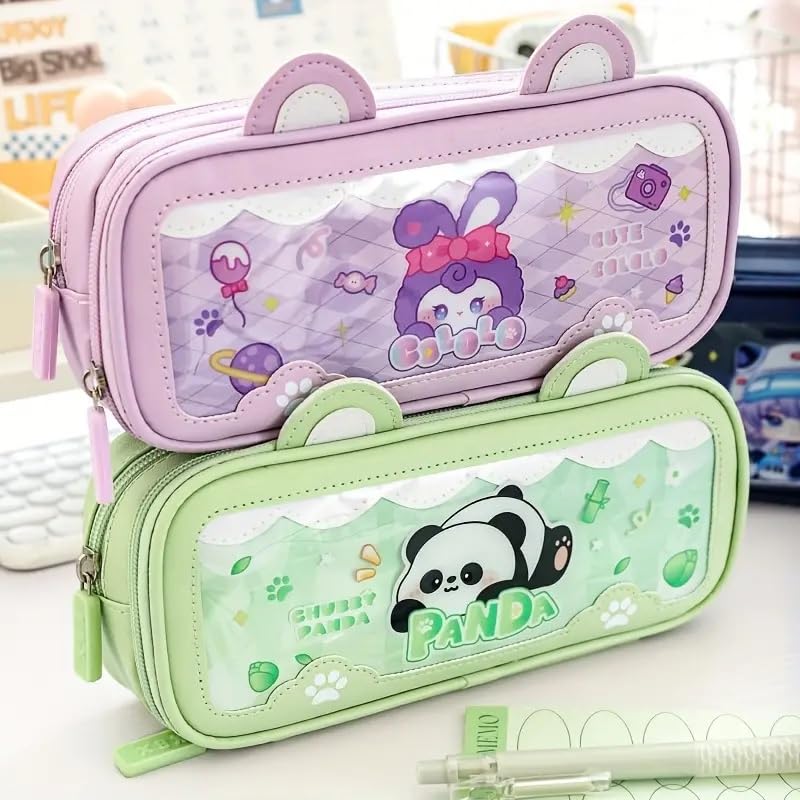 Image of Parshya Pencil Pouch Double Layer EVA Cute Pencil Case Aesthetic Pencil Case for Girls Large Capacity Pen Pencil Pouch Multifunctional Stationery Organizer for School (New Green Panda)