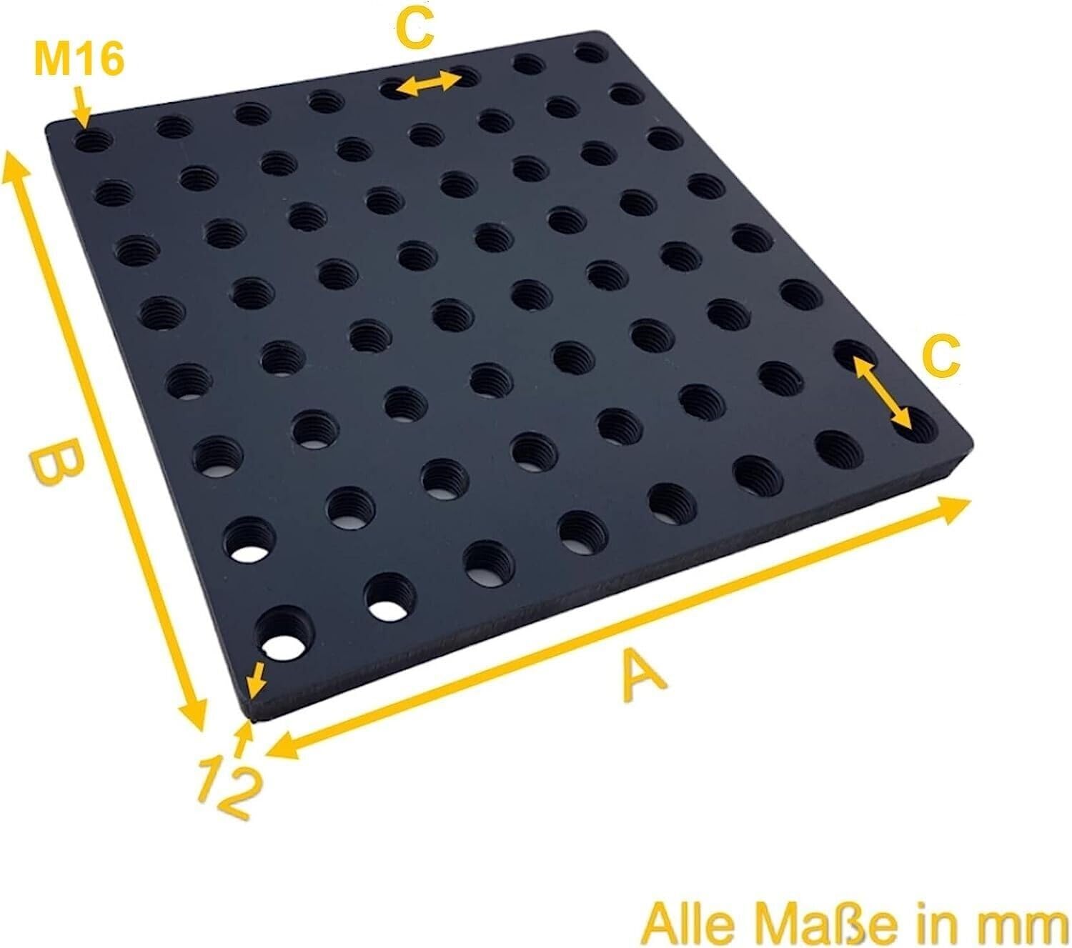 1 Stück 12 mm Dicke M16 Gewindeplatte, Grundplatte, Gewinderasterplatte, Lochrasterplatte, Aufspannplatte, Ankerplatte, Fußplatte Stahl brüniert… (A: 200 x B: 200 x C: 25)