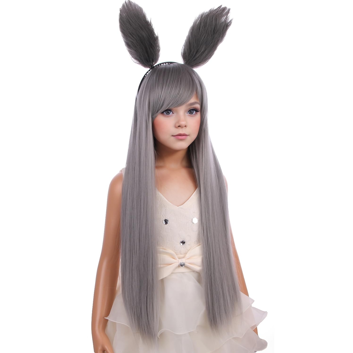 PATTNIUM Silver Grey Wig for Kids Child Long Straight Gray Wig with Detachable Ears Girls Grey Long Synthetic Wigs