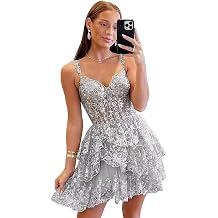 Short Sparkly Lace Sequin Homecoming Dress for Teens 2026 Tulle Puffy Prom Dress Tiered A-Line Party Gown