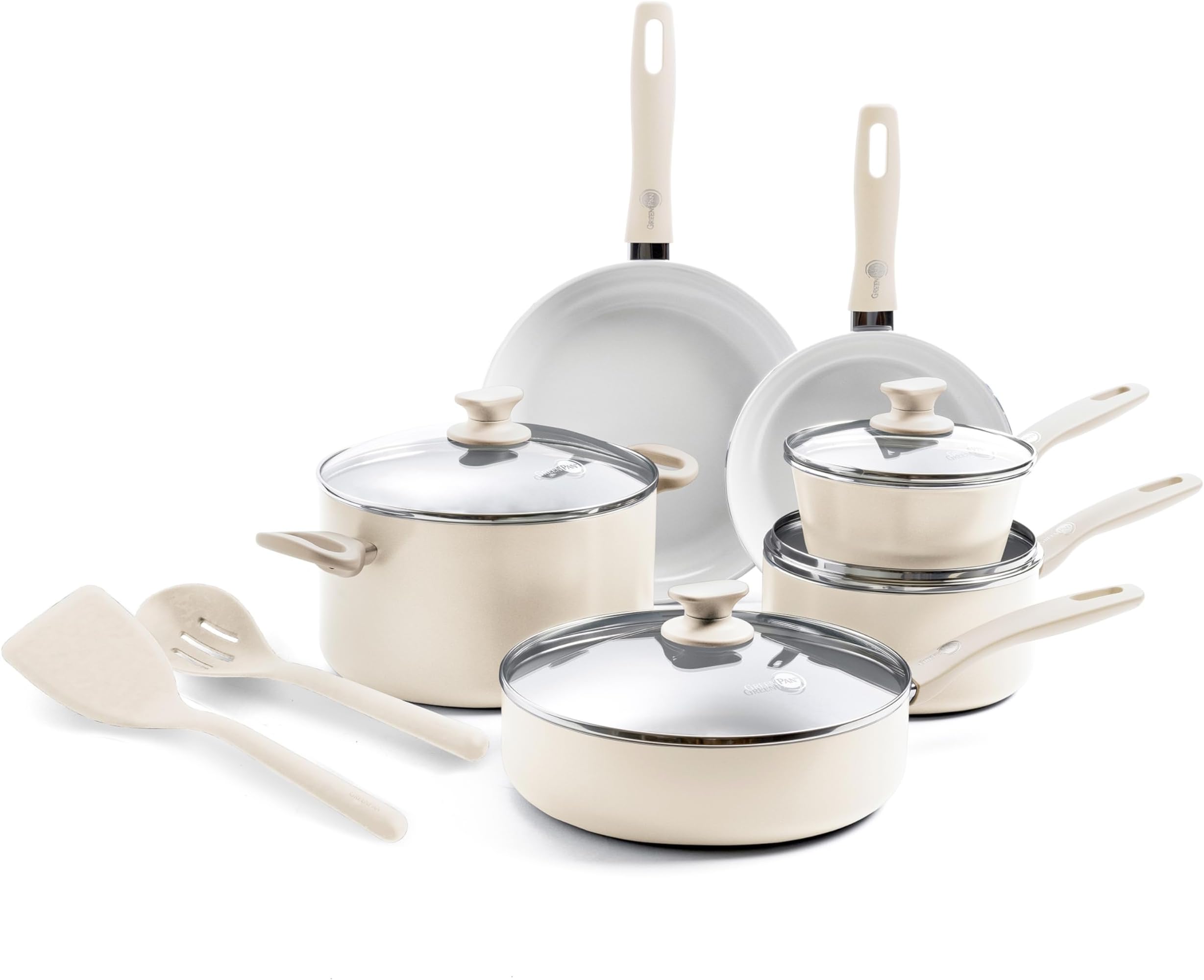 Dover Healthy Ceramic Nonstick, 12 Piece Cookware Pots and Pans Set, PFAS-Free, Dishwasher Safe, Comfort Grip Handle, Cream White