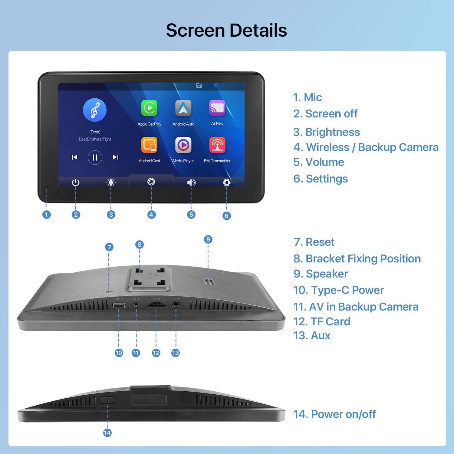 Image showing all package contents including the monitor, AHD camera, two brackets, various cables, and installation accessories.