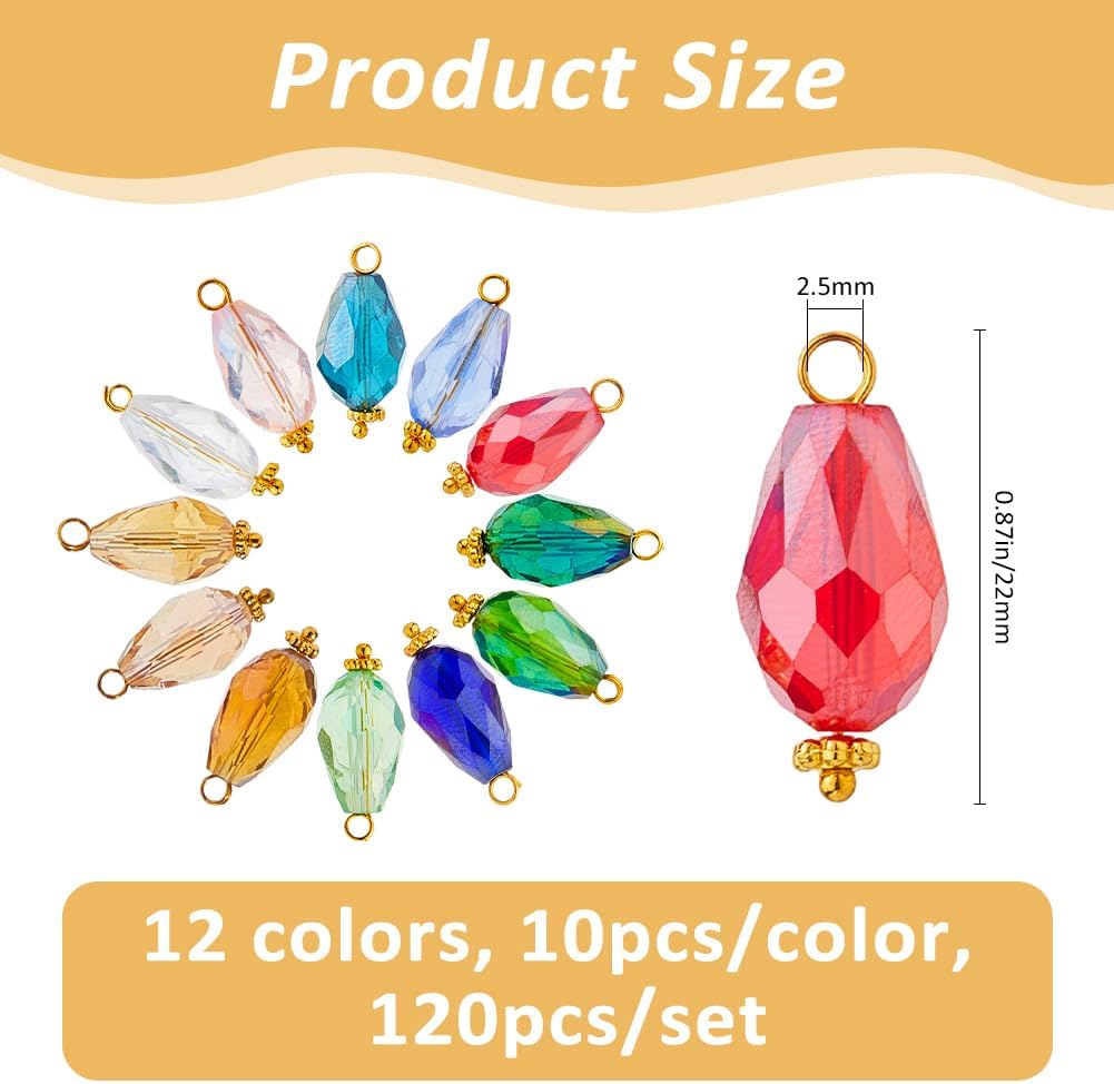 SUPERFINDINGS 120Pcs 12 Colors Faceted Glass Charms Electroplate Glass Beads Dangle Charms Pendants with Open Jump Rings Charm for Necklace Bracelet Jewelry Making, Hole: 2mm - Image 2