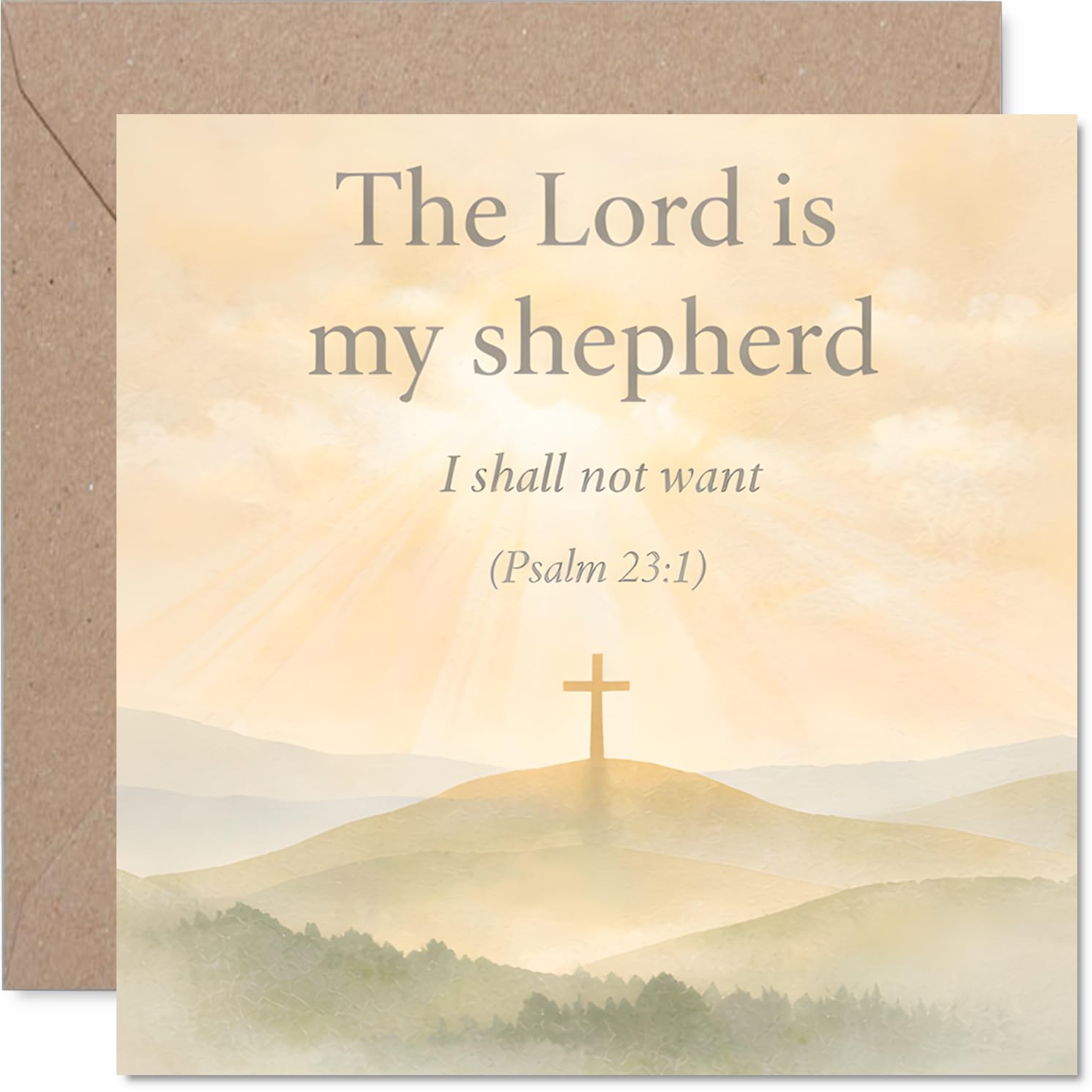 Comforting Sympathy Card - Gentle Words of Faith - Serene Landscape and Cross with Psalm 23:1 - A Thoughtful Gesture in Difficult Times - 145mm Square, Envelope Included