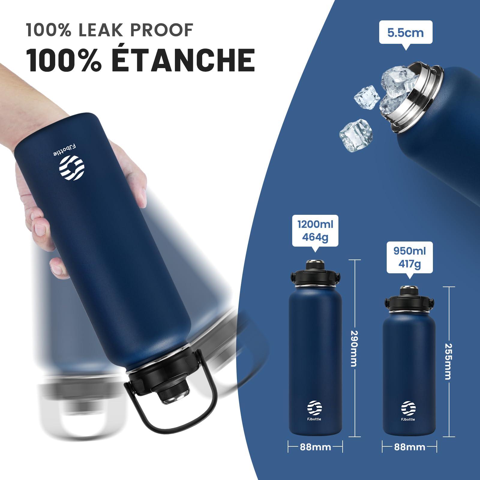 Fjbottle Borraccia Termica con cannuccia - 2xTappi - 950ML/1200ML Bottiglia Termica - Senza BPA/Senza Perdite Borracce acciaio inox per Scuola, Sport, Palestra, Ciclismo