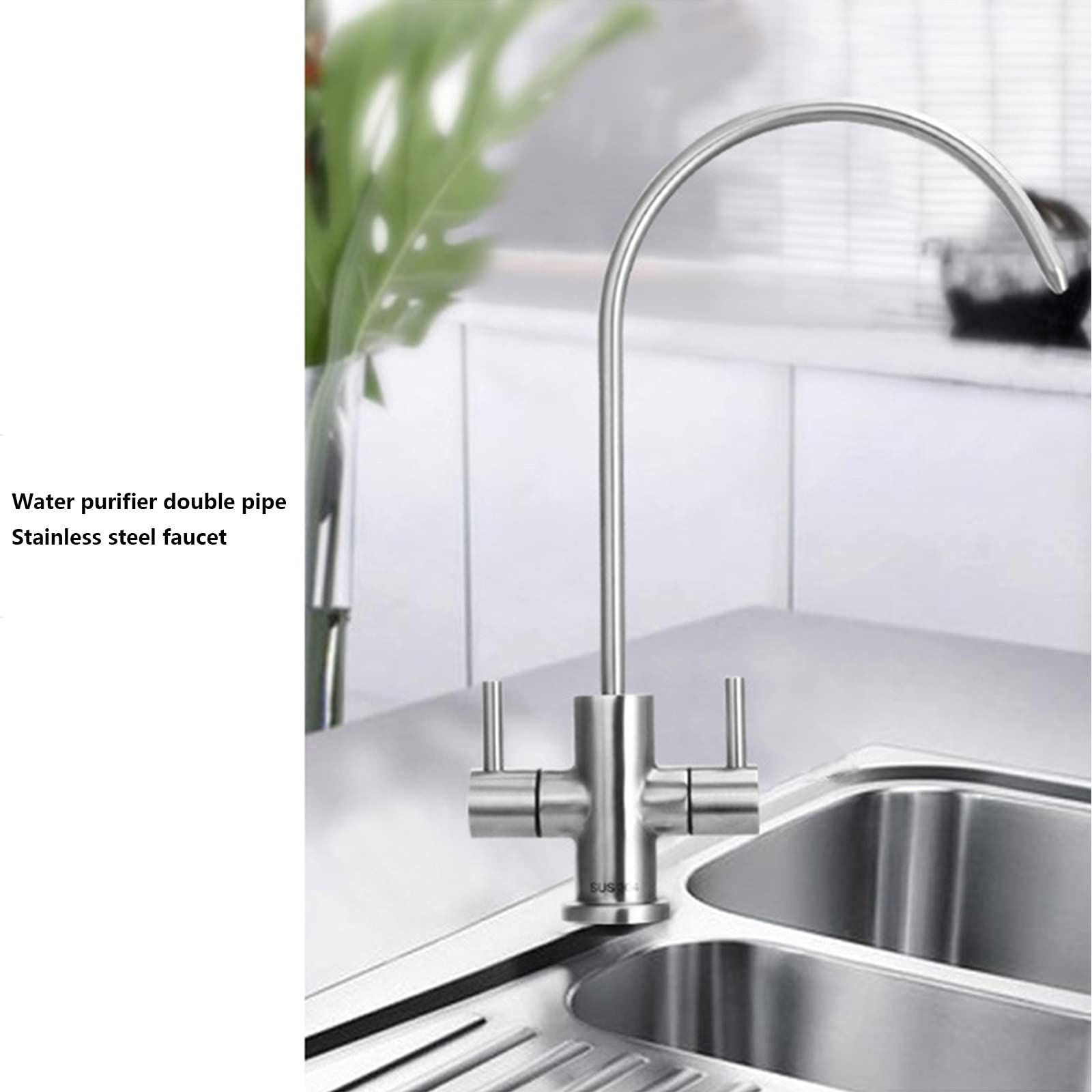 Purificador de Agua de 2 Puntos, Grifo Doble de Codo Grande de Acero Inoxidable 304, Grifo de Cocina de níquel Cepillado para Beber Directamente, Grifo de Cocina frío Simple