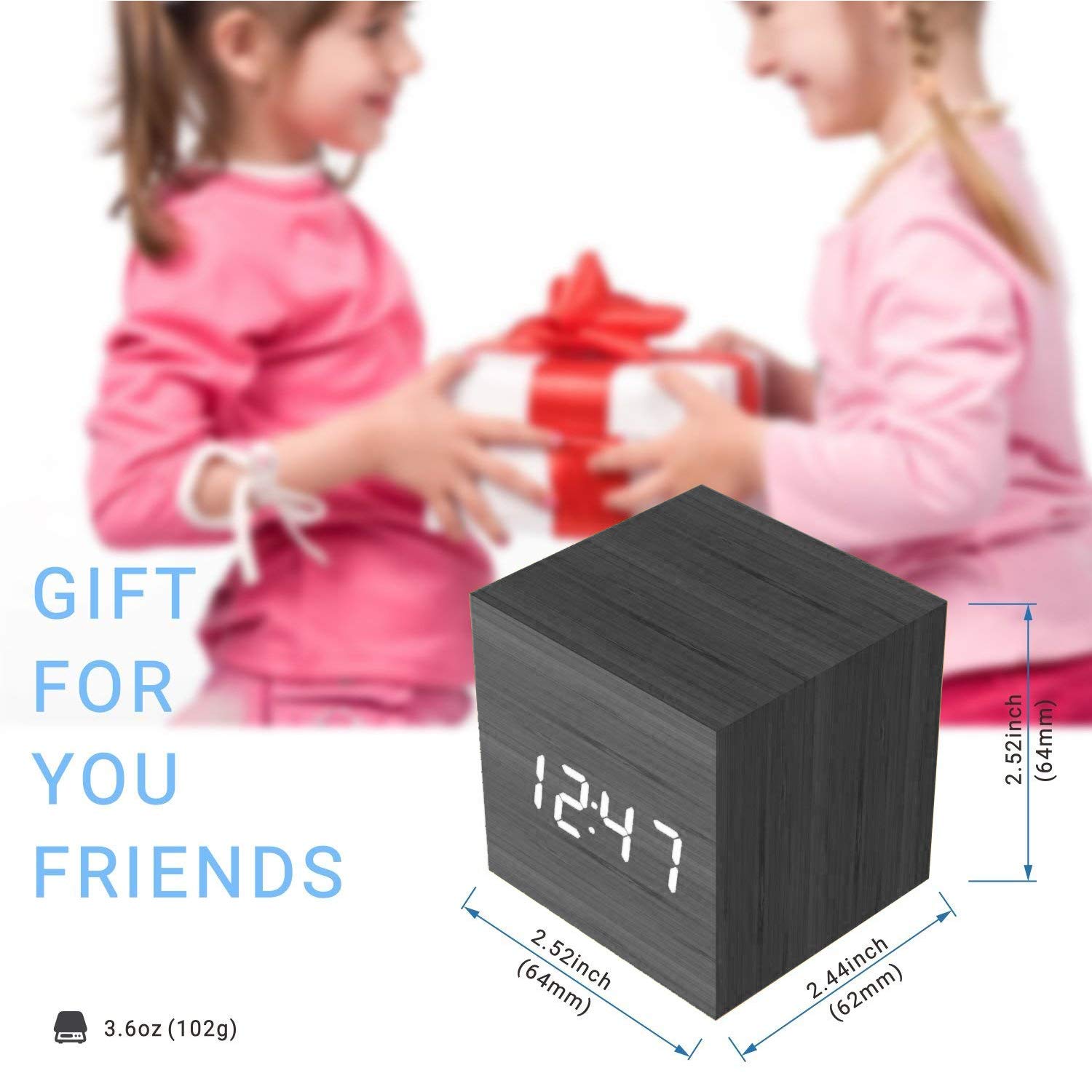 MiCar Digital Alarm Clock, Wood LED Light Mini Modern Cube Desk Alarm