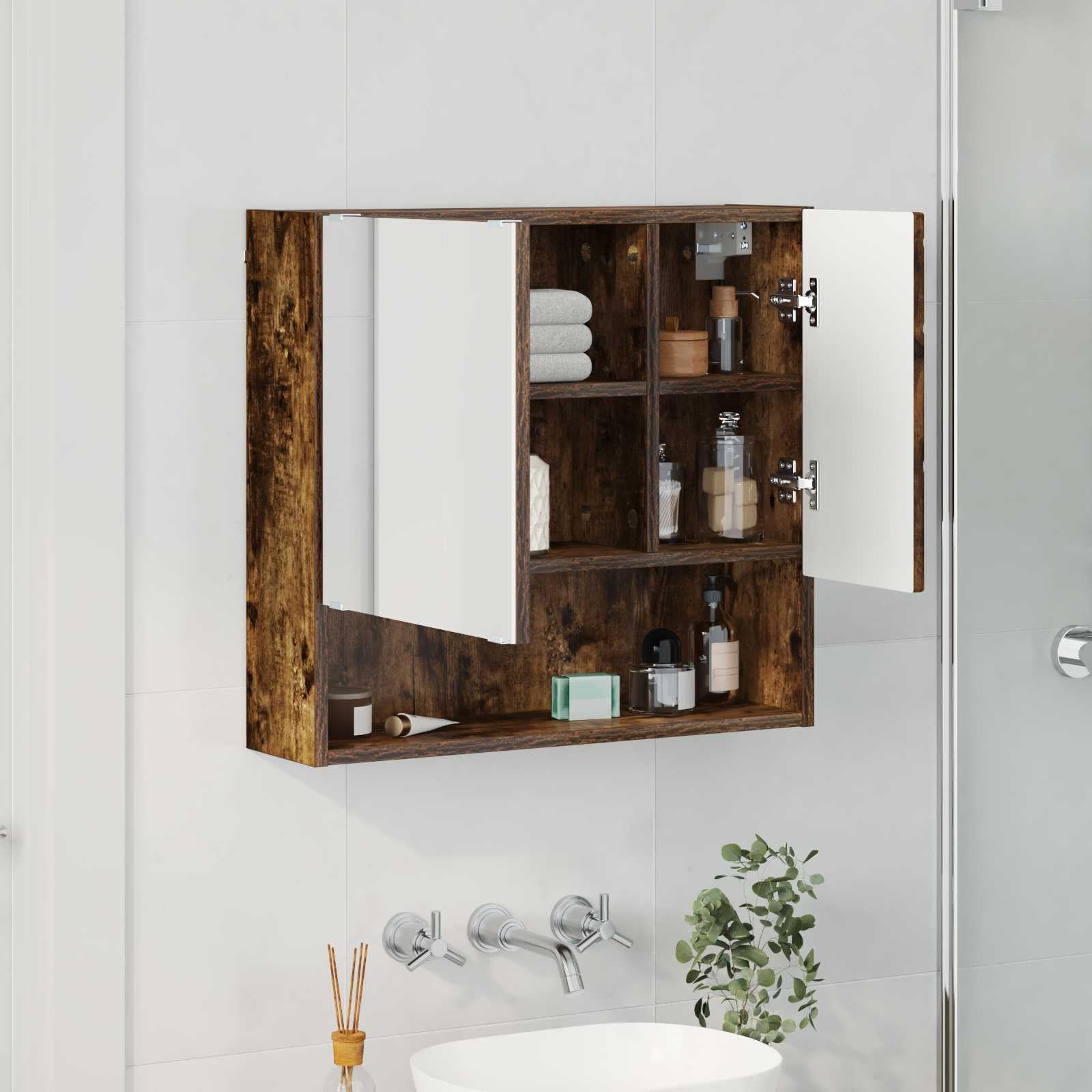 SYDE Armario Espejo Roble Ahumado 59 x 17 x 55 cm | Montaje en pared, Puerta con bisagras, Madera resistente a humedad, Uso interior