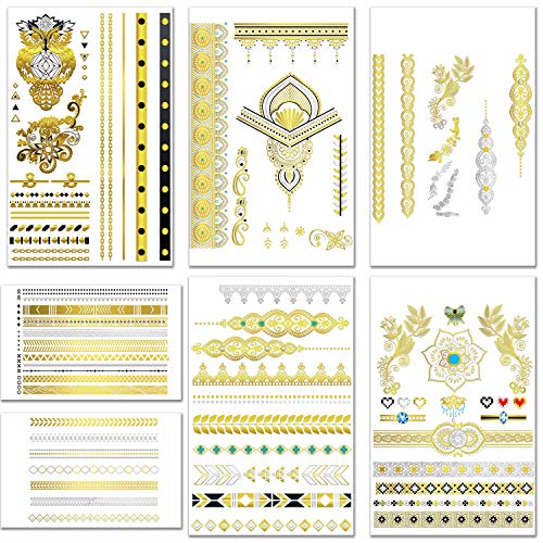 Temporary Tattoos Metallic Hena Tattoos Sticker for Women Teens Girls - 8 Sheets Gold Temporary Tattoos Glitter Shimmer- Flash Waterproof Tattoo Stickers …