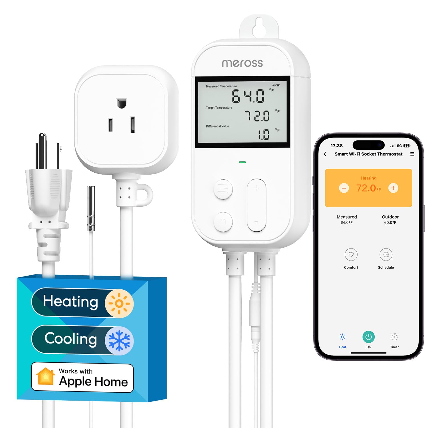 meross Smart Temperature Controller 15A 1800W, Smart Wi-Fi Thermostat Controlled Outlet Plug Works with Apple Home, Alexa, Google Home for Heating Cooling Homebrew Fermentation Reptiles Greenhouse