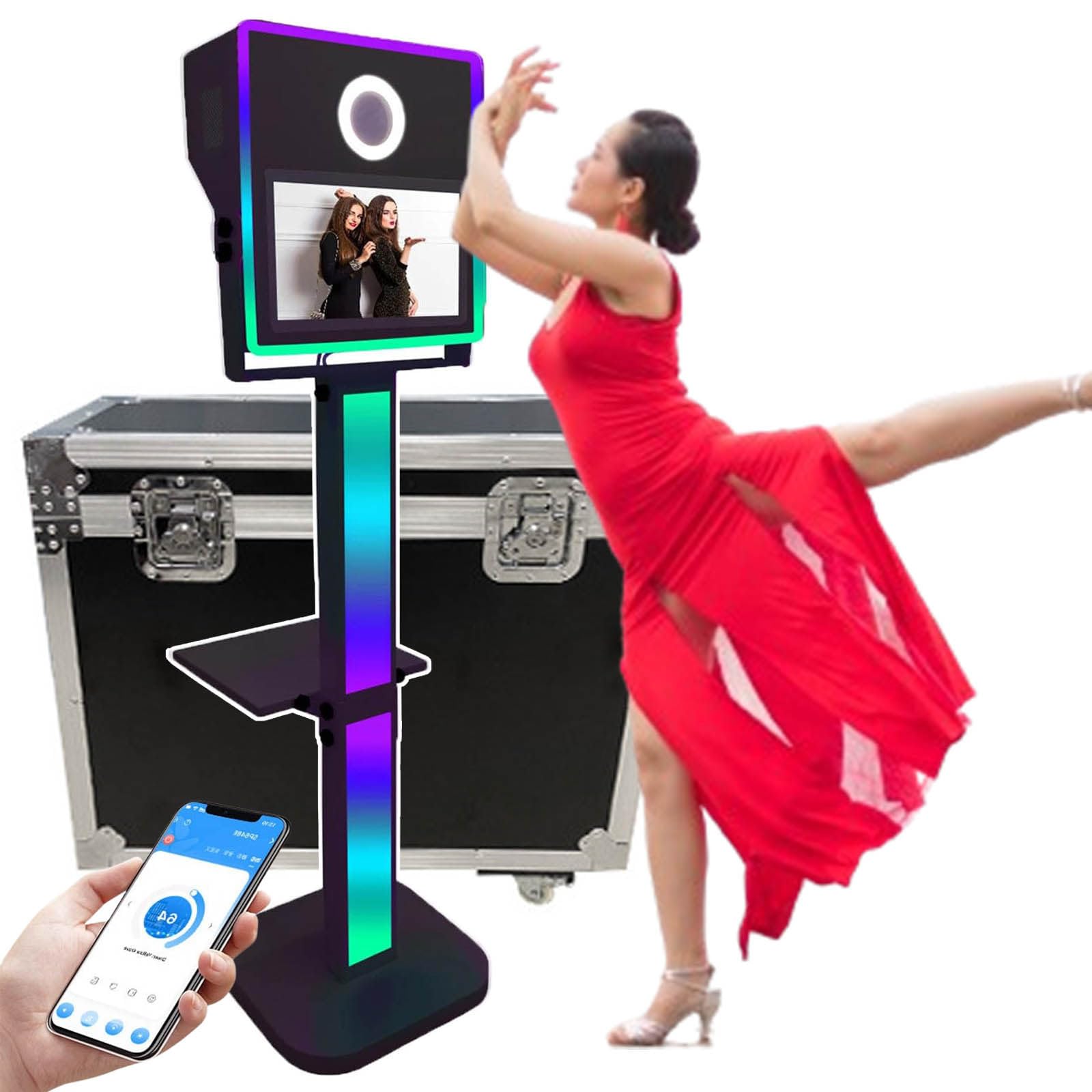 15.6" Selfie Magic Mirror Touch Screen Photo Booth,Dslr Photo Booth,App Control,Light/Angle Adjustable,Rgb Fill Light + Flight Case,Suitable for Weddings, Parties,Black