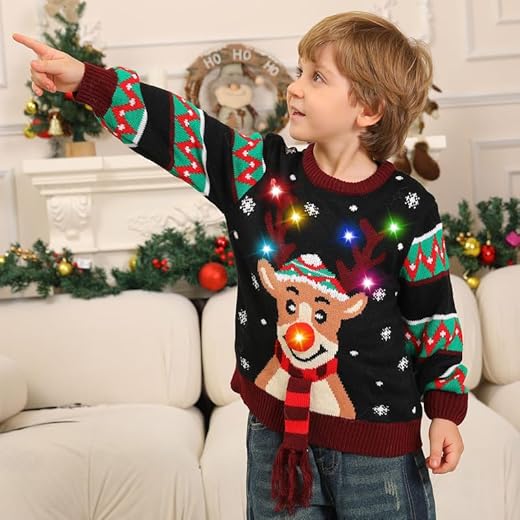 Kouric Jersey Navideño Niño Luces,Jersey Navidad con Estampado de Reno con Bufanda,Ugly Christmas Sweater,Suéter Navidad Niño/Niña,Christmas Jumper,Jerseys Navideños Feos Negro