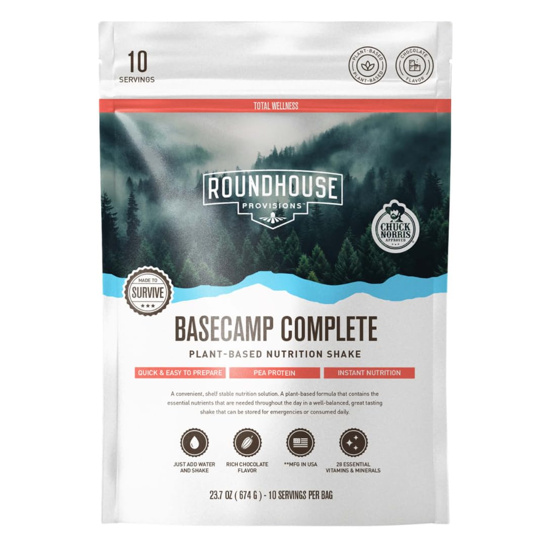 Sponsored Ad - Basecamp Complete Nutrition Shake by Chuck Norris Roundhouse Provisions – Plant-Based Emergency Meal with 18g Protein & 28 Essential Nutrients – Rich Chocolate Flavor – 10 Servings, 3-Year Shelf Life