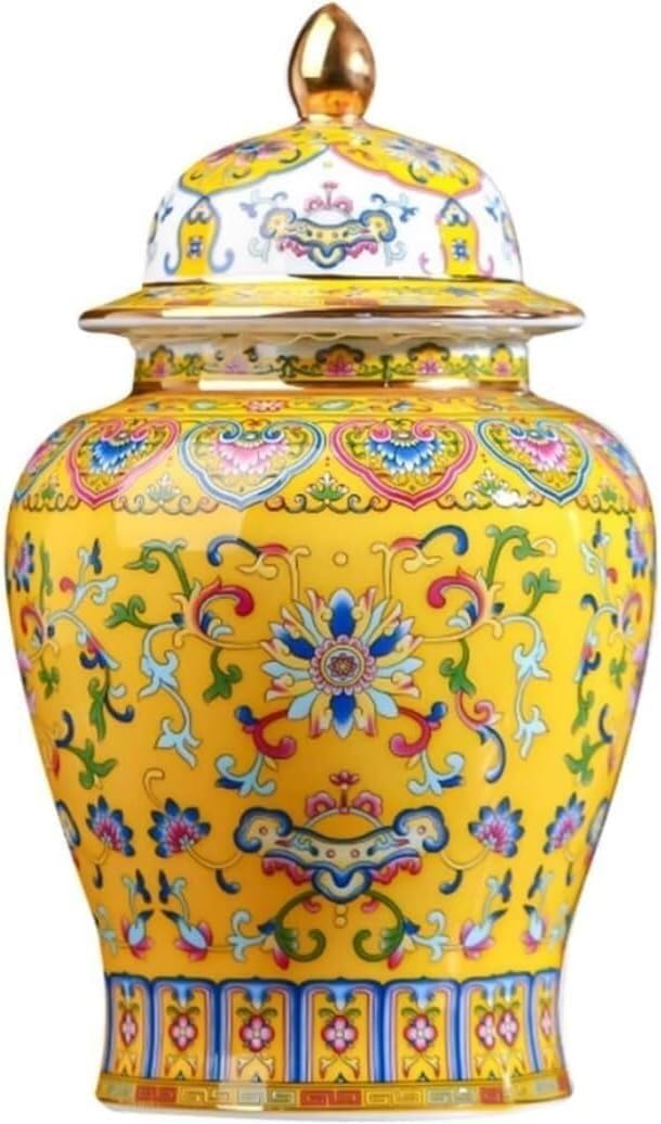 MESCXTY Ceramic Ginger Jar with Lid, Gold Enamel Porcelain Temple Vase, Floral Decorative Tea Storage Jar(Yellow)