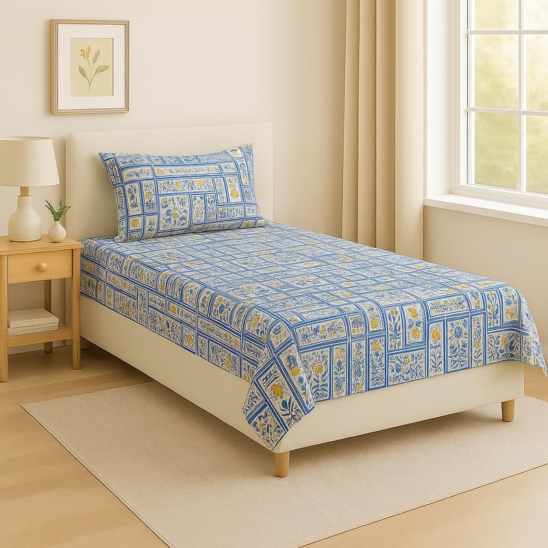 BSB HOME Flat Bedsheet for Single Bed with 1 Pillow Cover | Soft Touch Cotton | Comfortable & Durable | Size 90 x 60 Inch | Elegant Printed Bedding Set for Daily Use, Color - Blue