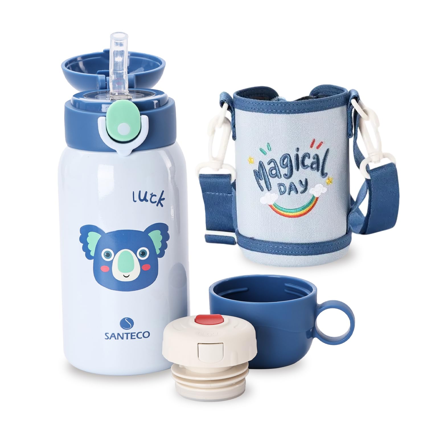 SANTECO Kinder Thermosflasche 550ml, 316L Edelstahl, Auslaufsicher, BPA-frei, 2-in-1 Deckel (Strohhalm + Direkttrinken), Vakuum-Isoliert, Für Schule & Kindergarten