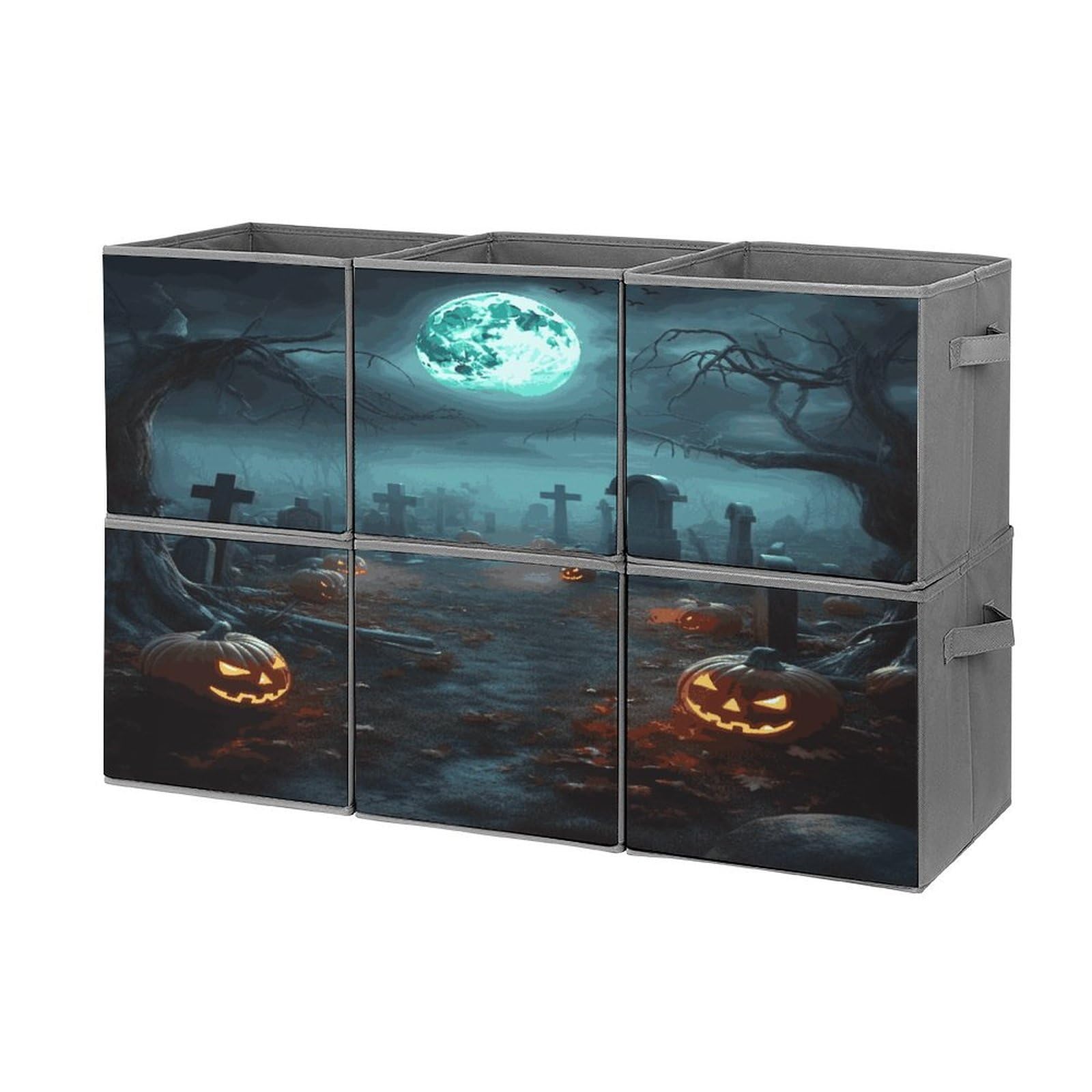 Btcowzrv Style Horror Pumpkin Cemeteryhorror Pumpkin Cemetery Storage Cubes, 6 Pack Oxford Fabric Foldable Collapsible Bins With Handles, Cubby Storage Baskets Boxes For Closet Shelves Office Organization