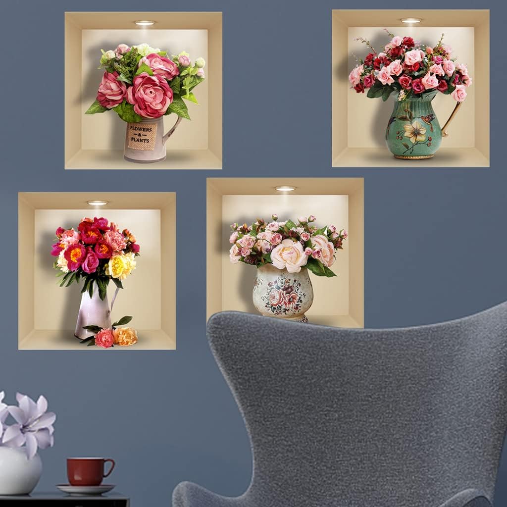 Buer Homie Wall Stickers for Livingroom Bedroom Potted Flowers, 3D, 4pcs, Pink - Image 3