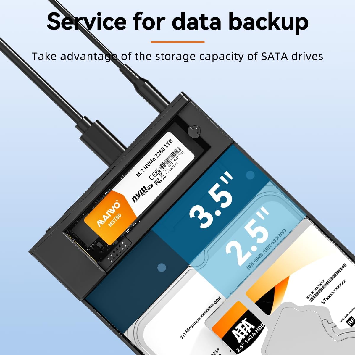 MAIWO USB C M.2 NVMe SSD Enclosure to 3.5'' 2.5'' SATA Enclosure with Offline Clone, USB 3.2 GEN 2 10Gbps Dual Bay External Hard Drive Enclosure Duplicator Standalone Cloner