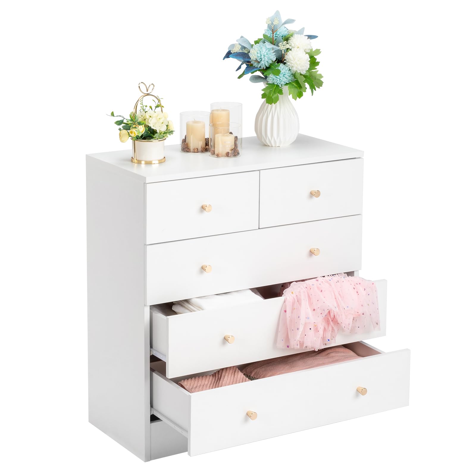 Bonnlo Commode Blanche, 5 Tiroirs avec Poignées, Meuble Rangement pour Chambre, Salle de Bain, Salon, Table de Chevet pour Adulte, Enfant, 66 x 33 x 73 cm