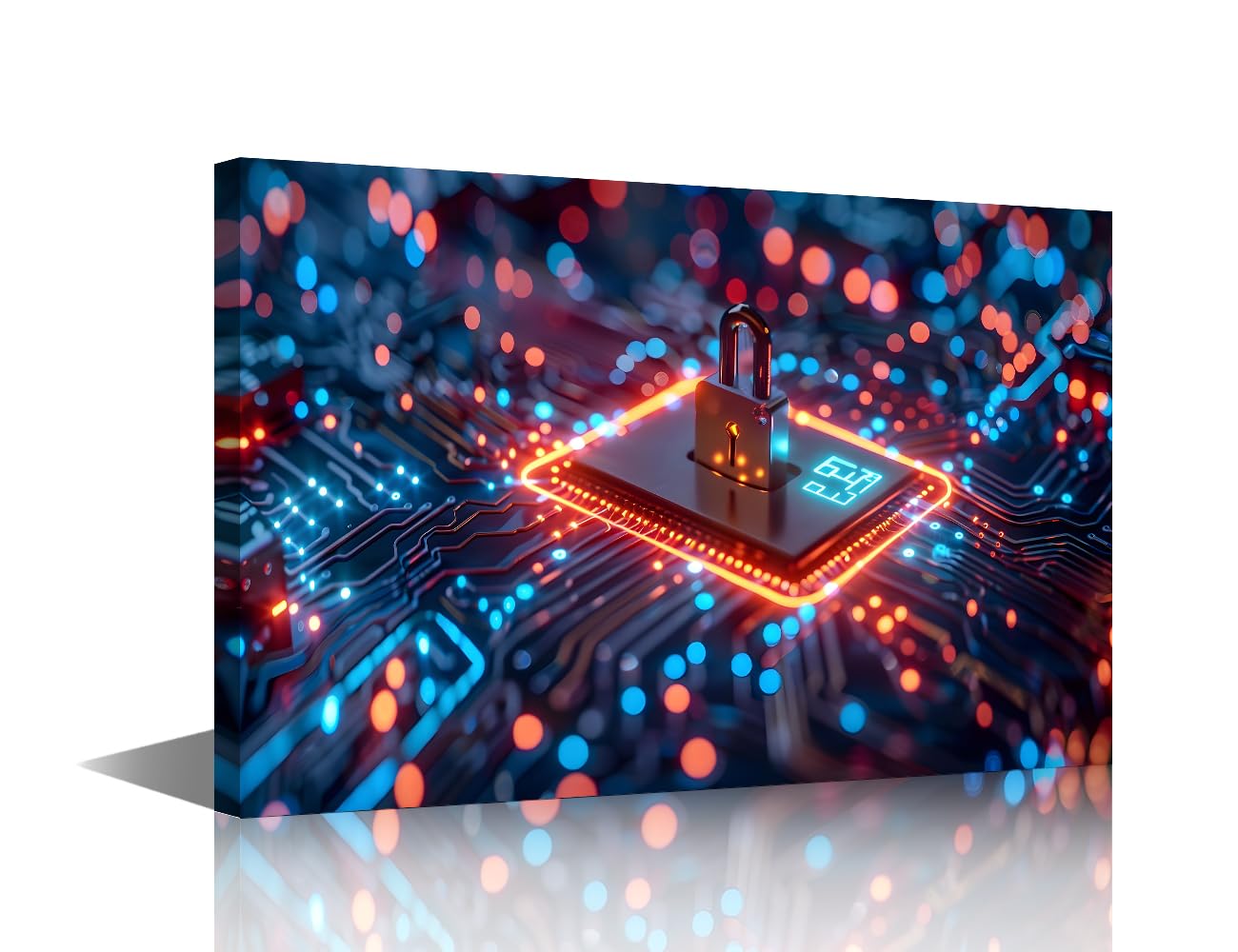 TISHIRON Framed Digital Cybersecurity Practices Canvas Wall Art 1 Panel Futuristic Circuit Board and Microchips Art Print Ready to Hang Framed Artwork AI Room Decor 18 x 12 inch