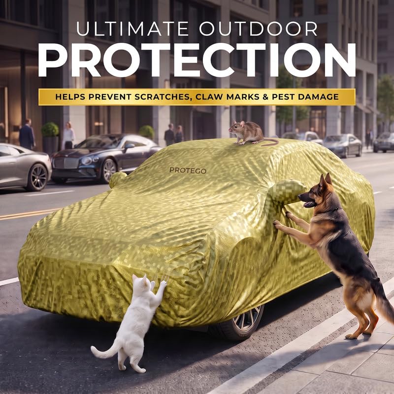 Image of PROTEGO All Weather Protection Car Cover for Ameo | Anti Dust, 100% Waterproof, Custom Fit, Multi-Layered, Elastic Grip, Buckle Hook with Mirror Pocket | (Gold)