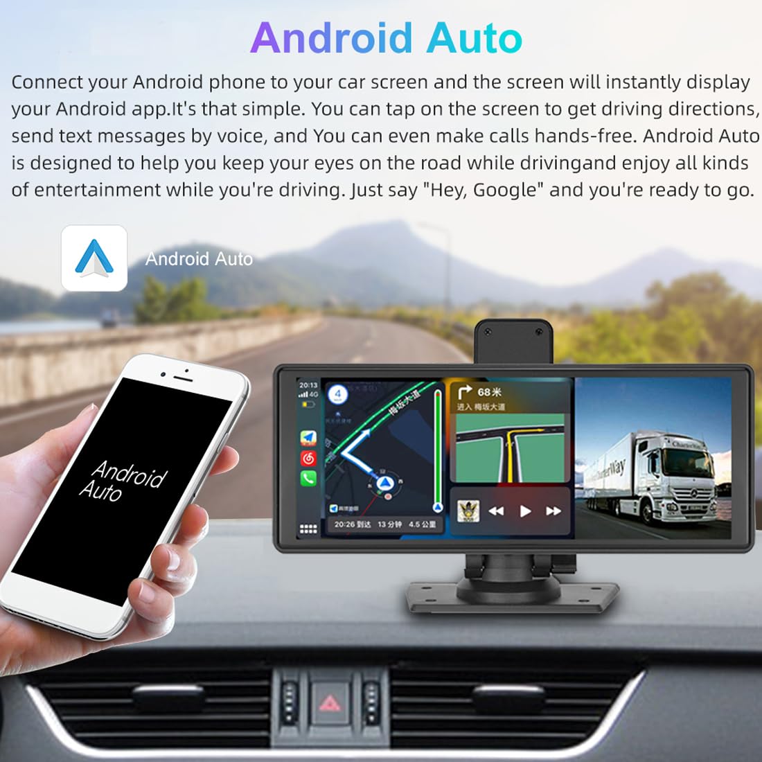 Portatile Autoradio con Carplay wireless Android Auto, auto Monitor touch screen IPS da 9,3" con telecamera retromarcia AHD/DVR/Trasmettitore FM/Bluetooth/AUX/Mirror Link Dash o parabrezza montato