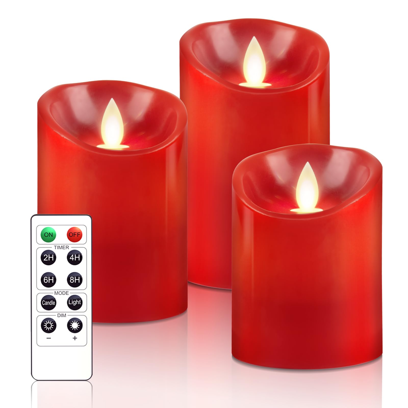 PinnWaa Velas LED, [Juego de 3] Velas Eléctricas y LED de Cera Real Sin Efecto llama, con Control Remoto y Función de Temporizador, Velas con batería para Bodas, Navidad, Decoración Hogar Rojo