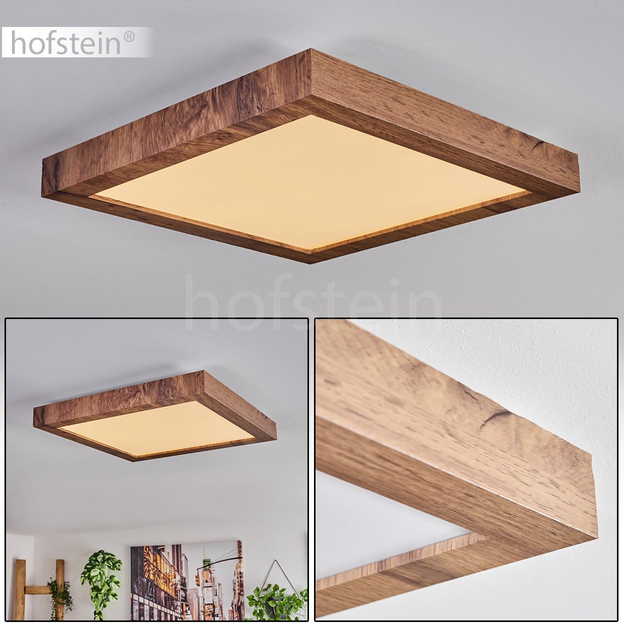 Plafón LED Bealeton, moderno plafón de metal/MDF/plástico en negro/madera/blanco, luminaria angular de diseño escandinavo (35 cm x 35 cm), 1800 lúmenes, 3000 Kelvin, LED 16 vatios