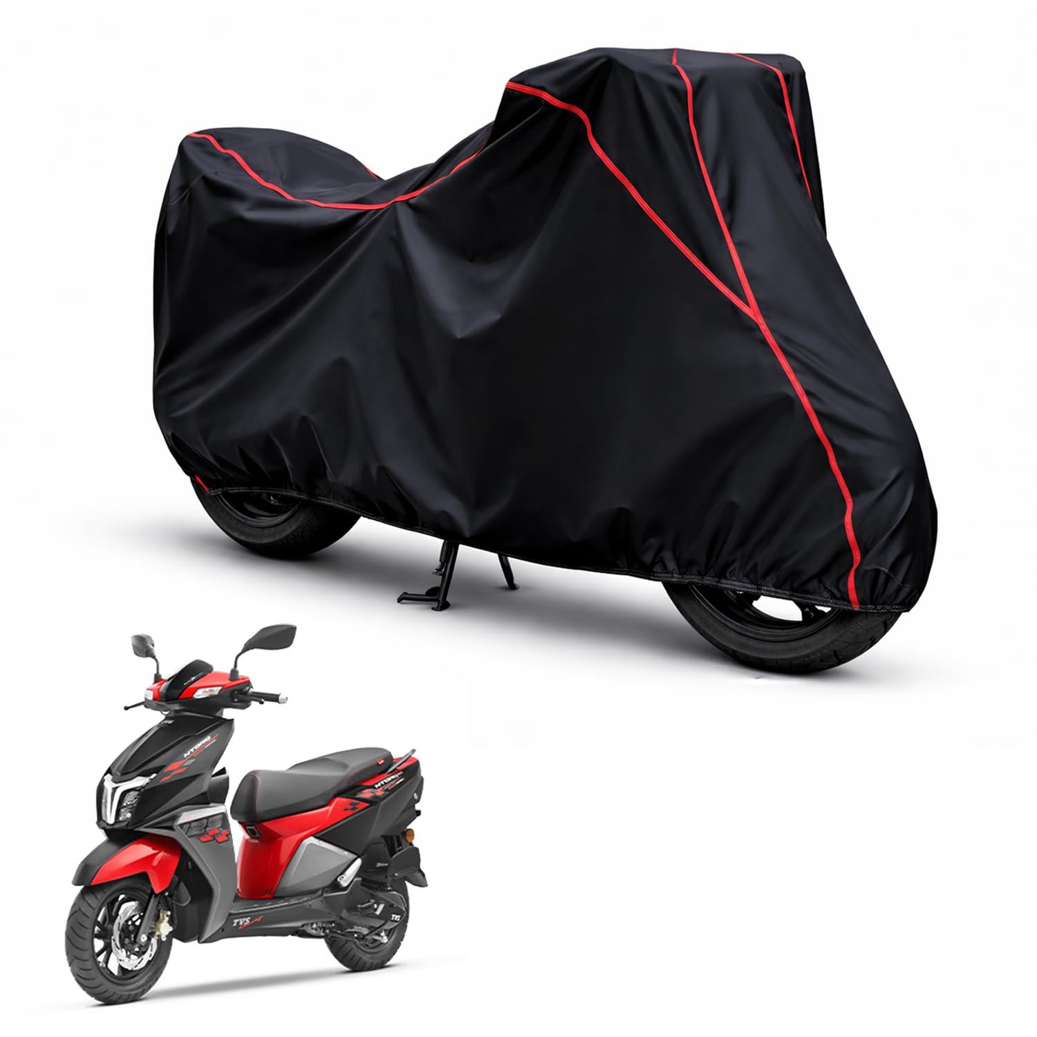 UV Rays Proof & Dust Proof Bike & Scooty Body Cover Polyster Fabric(190T) Designed for TVS Ntorq All Models| Full Bottom Elastic | Red Piping with Black-image-4