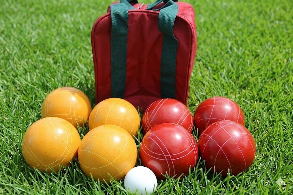 BuyBocceBalls Listing - Made in USA, Premium Quality Tournament Bocce Set - 110mm Gold and Red Balls, Nylon Maroon Bag, 998 Grams (2 lbs. 3.2 oz.). Various Bag Colors