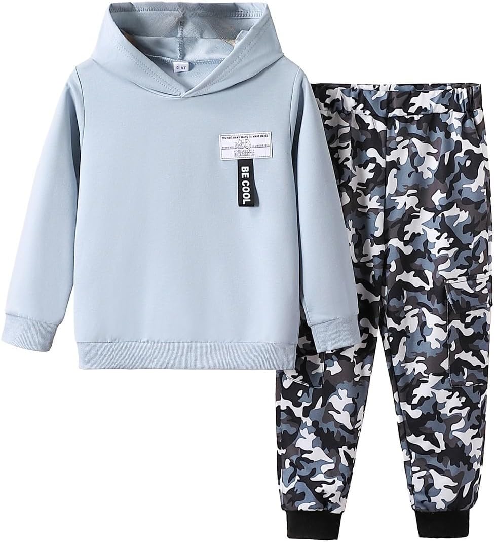 Boys 2 Piece Outfits Long Sleeve Hooded Sweatshirt Top Camouflage Sweatpants Fall Winter Clothing Set 5-10T