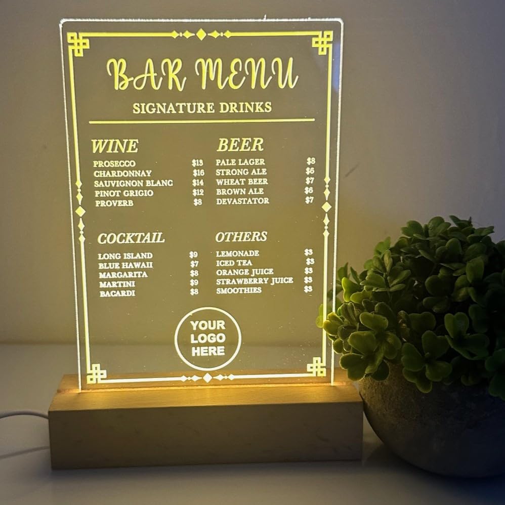 Custom Menu - Bar Restaurant Price Listing with Company Logo Image Drinks Food Menu Light Up Wood Base LED Personalized Free, Home Bar Room Man Cave Club Menu, Custom Made in America!