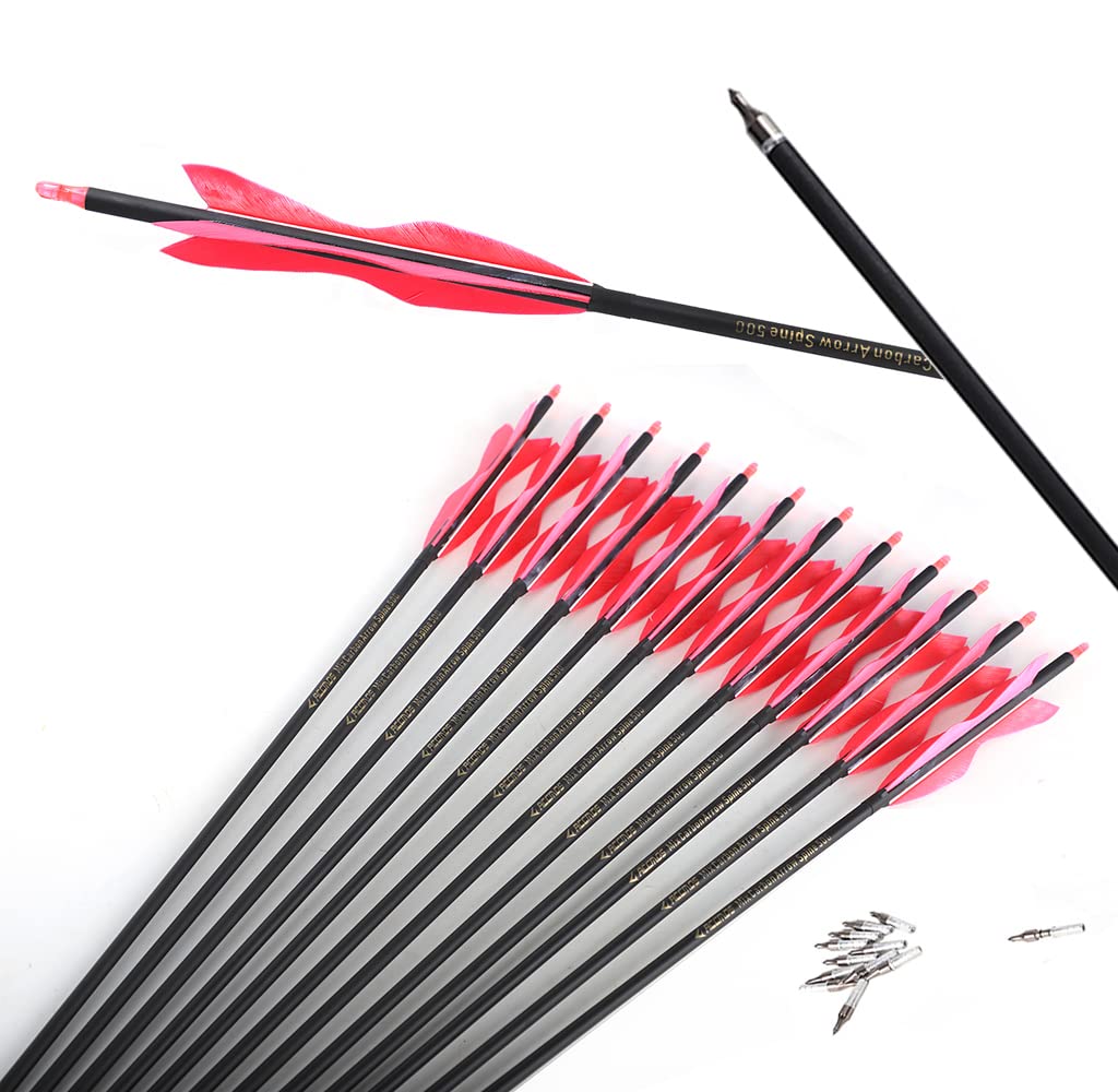 ACCMOS Spine 500 ID 6.2 mm Adults Hunting Arrow 23-30 inch Youths Practice Arrows 5" Elf Turkey Feather Archery Arrow 12 pcs (25inch, pink)